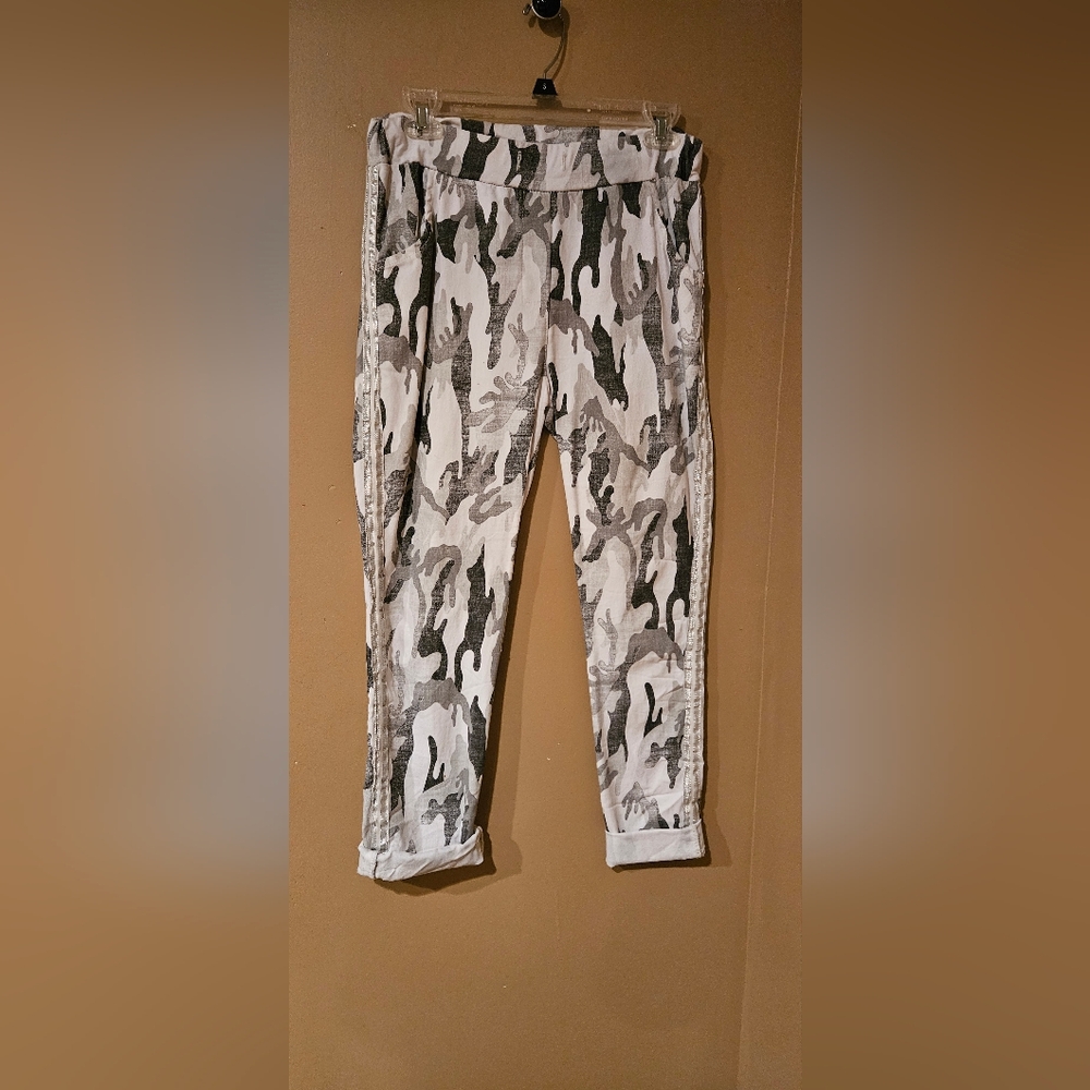 Camo Print Track Pants With Front And Back Pockets. Elastic Waist